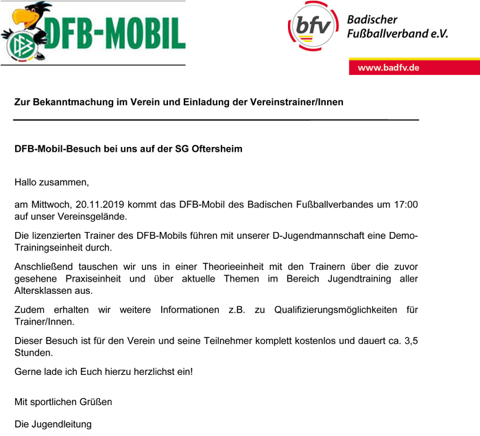 Herzliche Einladung: DFB-Mobil kommt am 20. November 2019, 17 Uhr zu Besuch auf die SGO